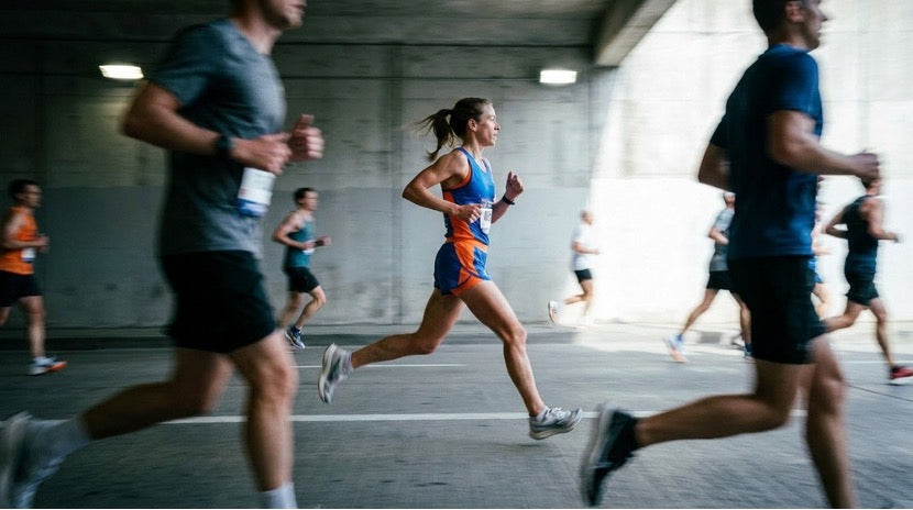 Female runners competing in a marathon and celebrating the strength and determination of women in running.