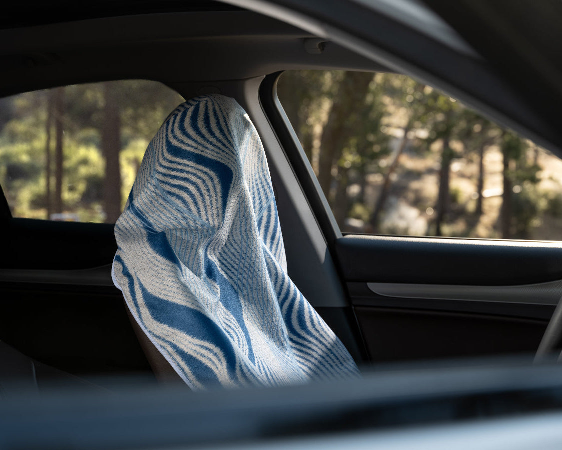 Car seat covered with a blue and white patterned towel inside a vehicle with trees outside.
