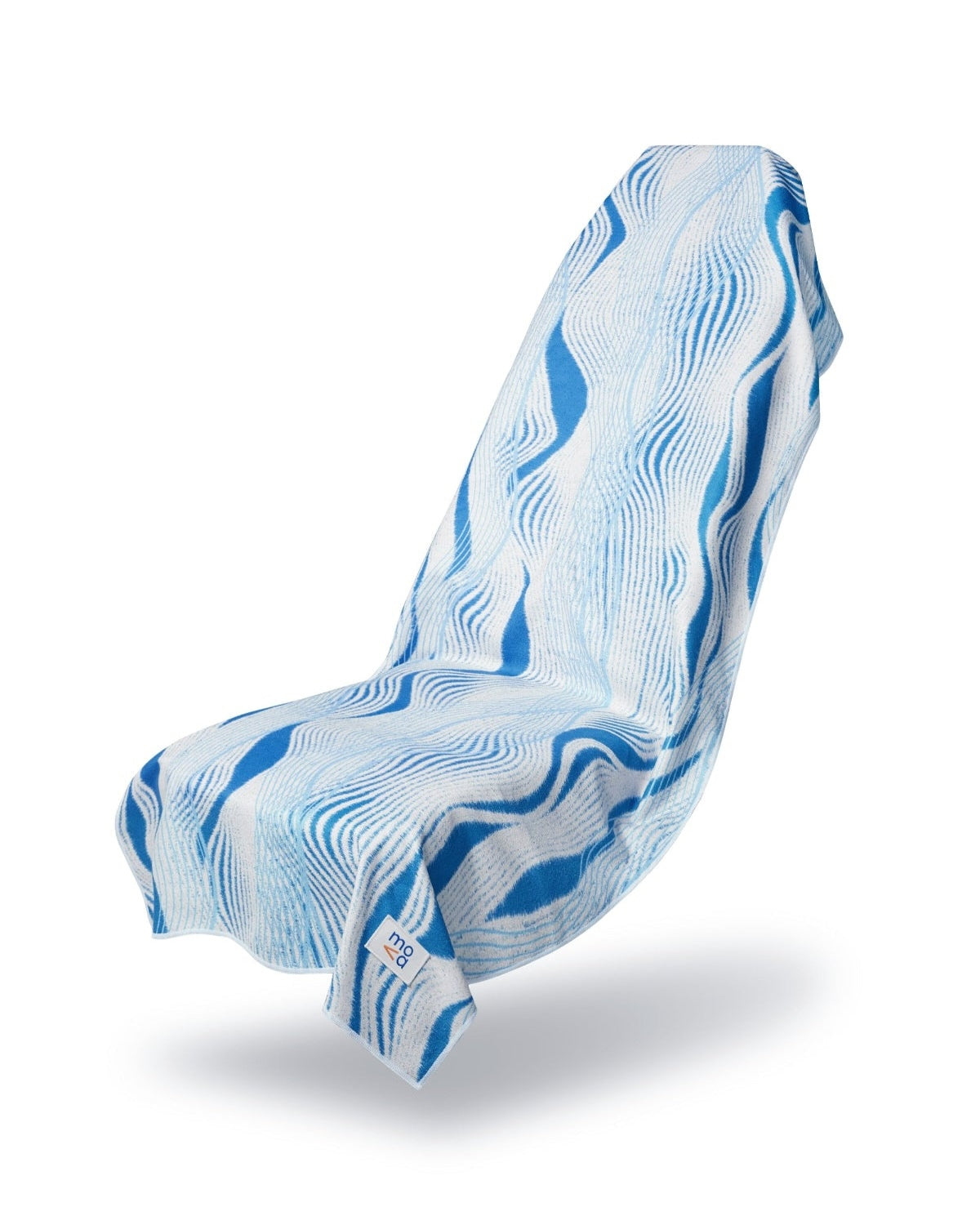 Blue and white patterned car seat cover towel on a white background