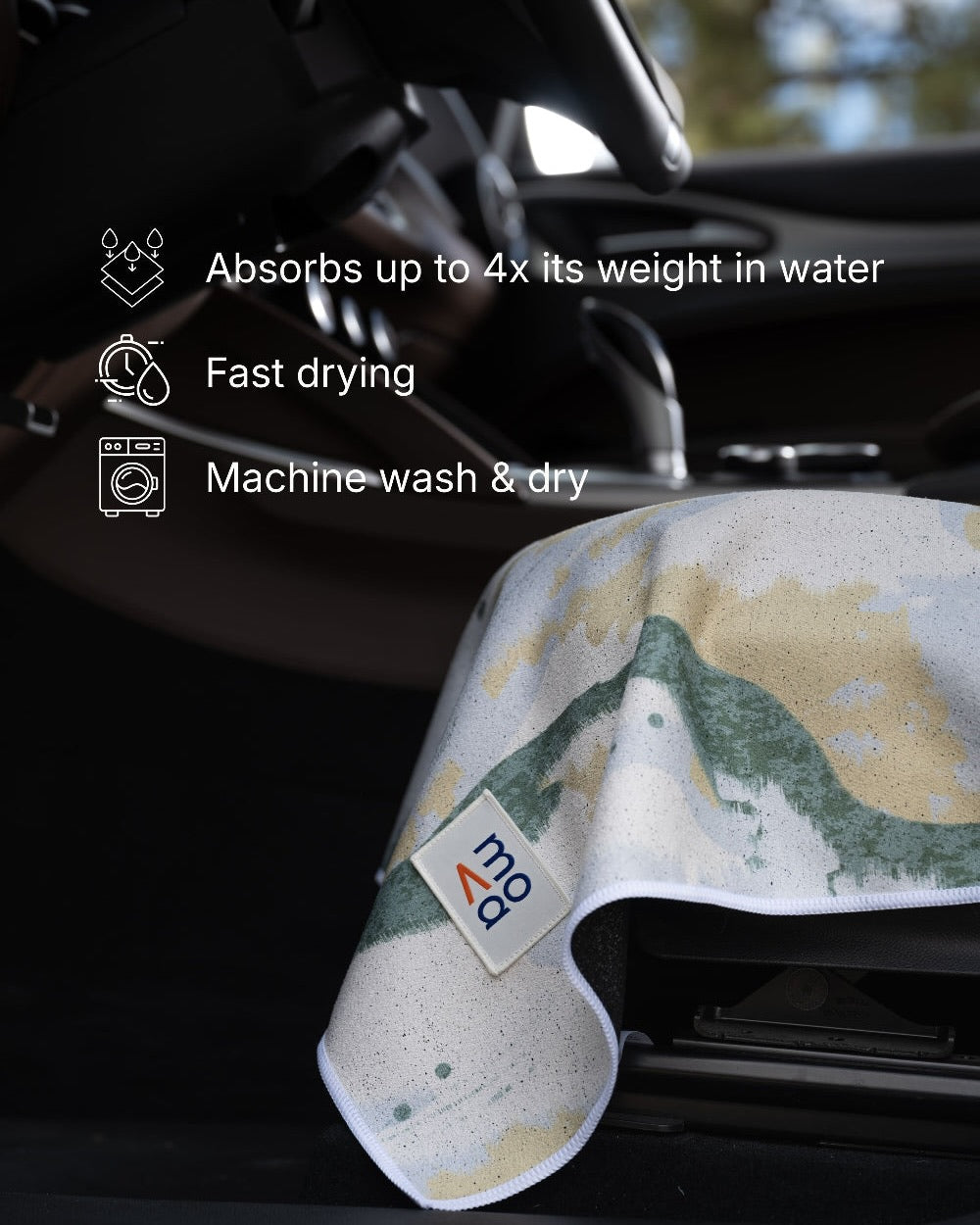 Car air vent with a towel draped over it, featuring text about car seat cover towel properties.