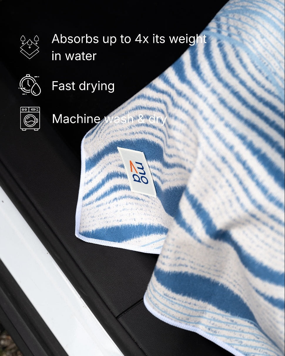 Blue and white car seat cover towel with brand logo on a black surface, featuring text about towel properties.