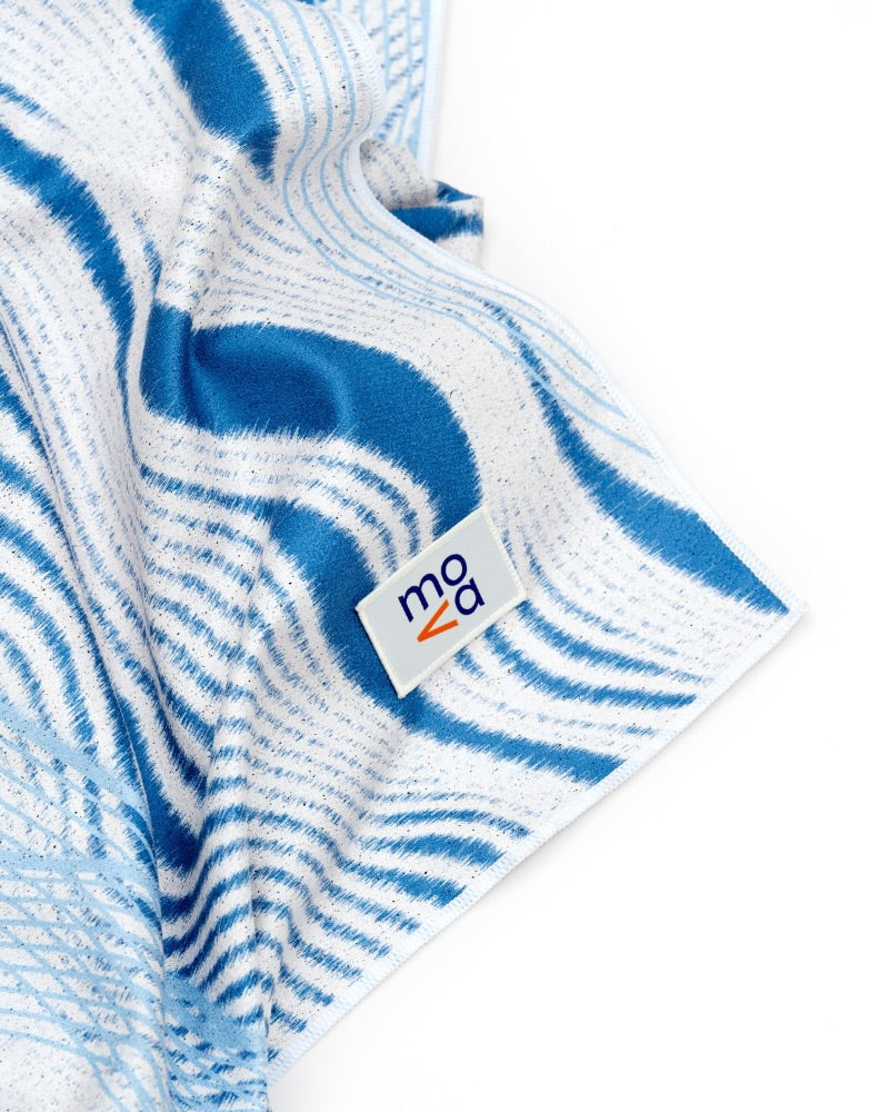 Blue and white striped car seat cover towel on a white background