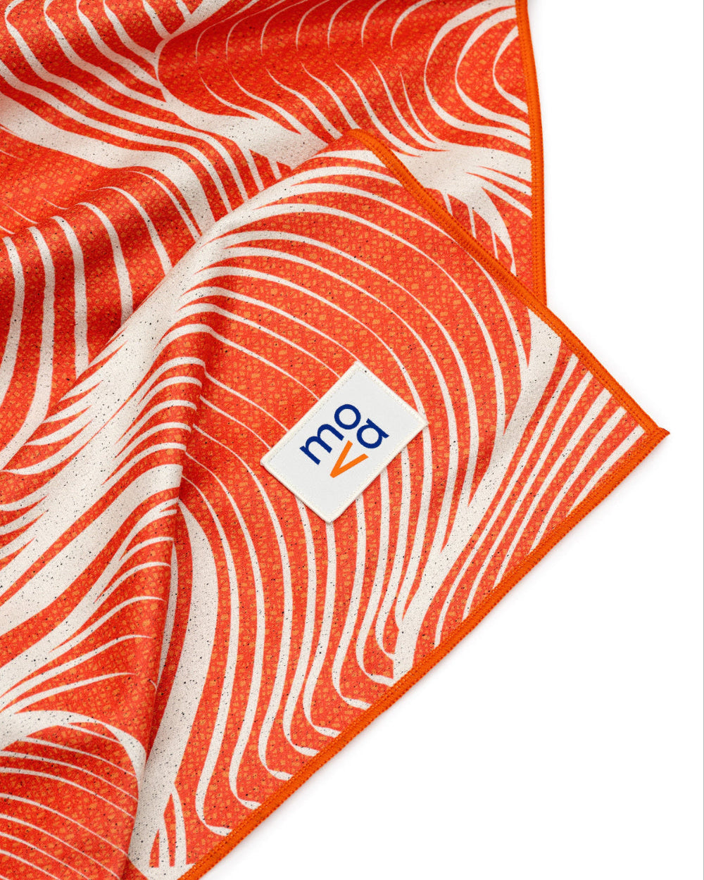 Orange fabric with white abstract pattern and a logo on a white background