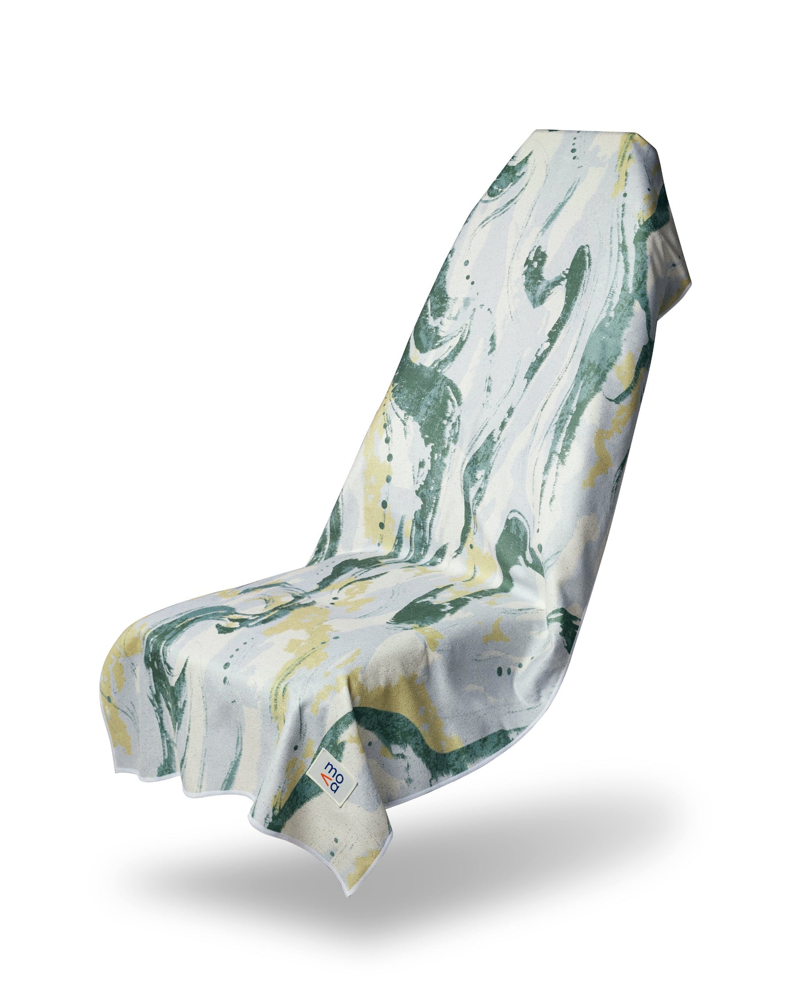 Folded fabric with a green and yellow pattern on a white background