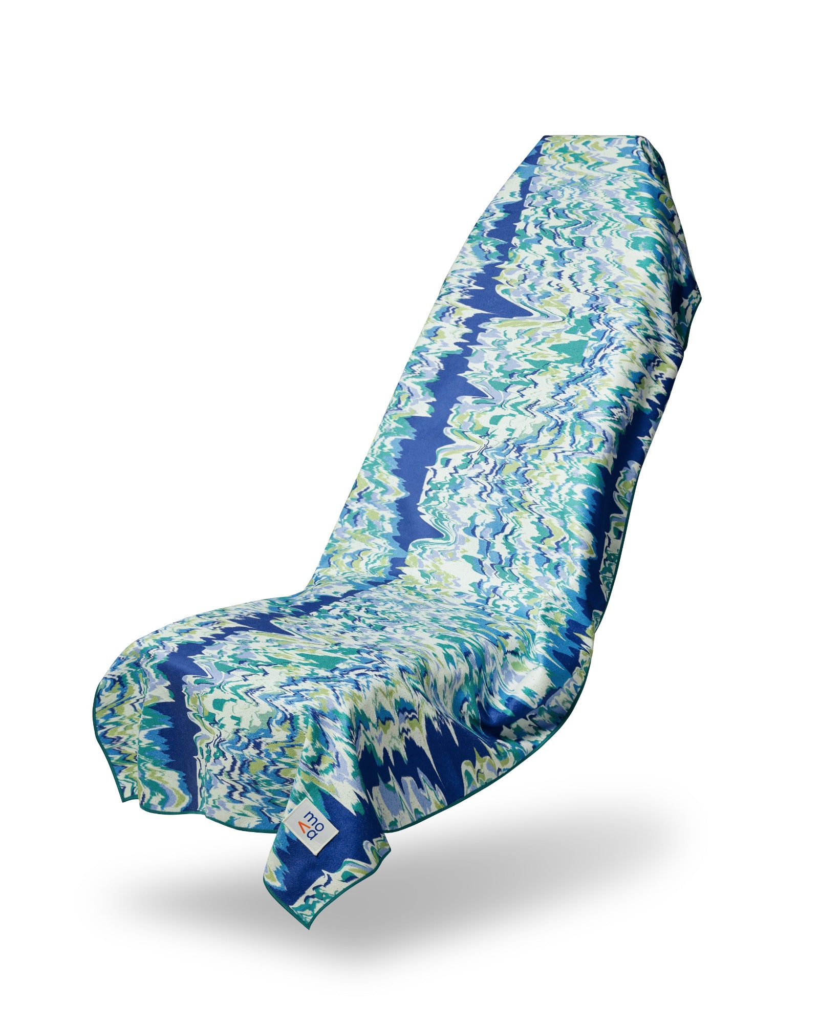 Blue and green patterned chair cover on a white background